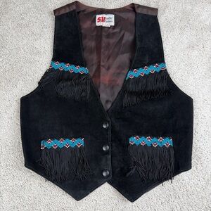 S&U New York Vintage 80s Women’s Black Suede Fringe Embroidery Southwestern Sz M